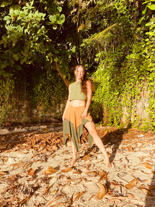 Gypsy Pointed Skirt - Dark Green with Earthy Suede