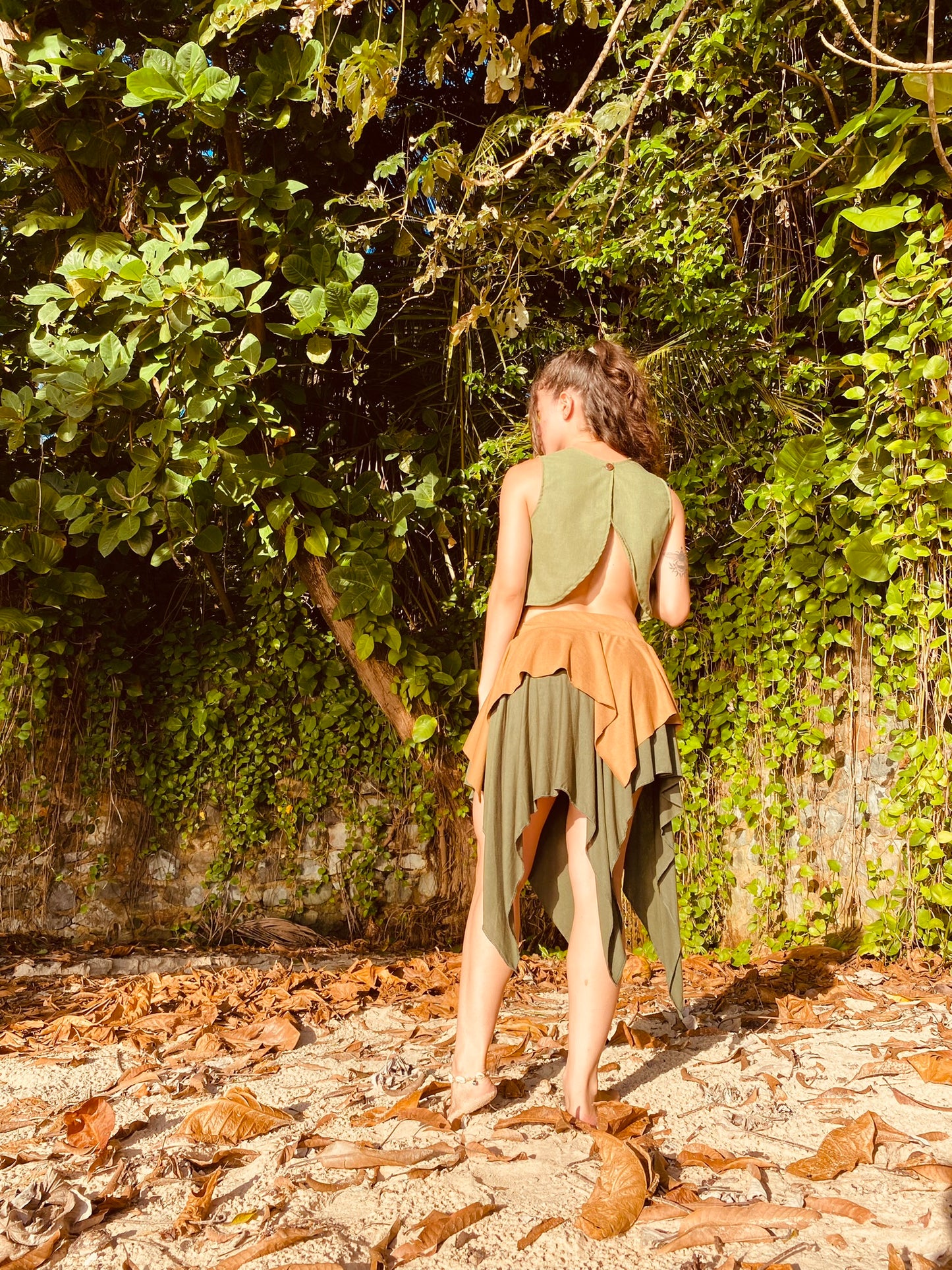 Saia Cigana de Pontas - Verde Escuro com Camurça Terra