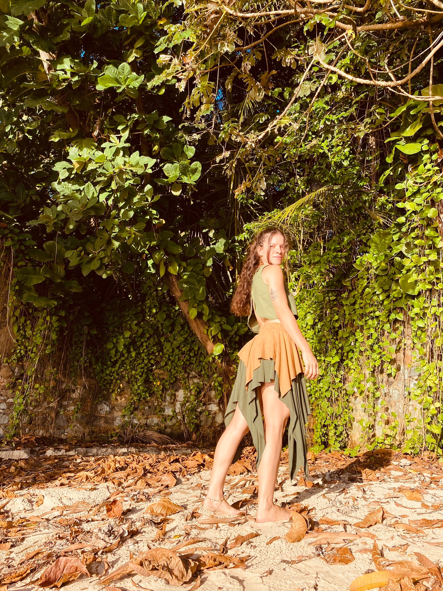 Saia Cigana de Pontas - Verde Escuro com Camurça Terra