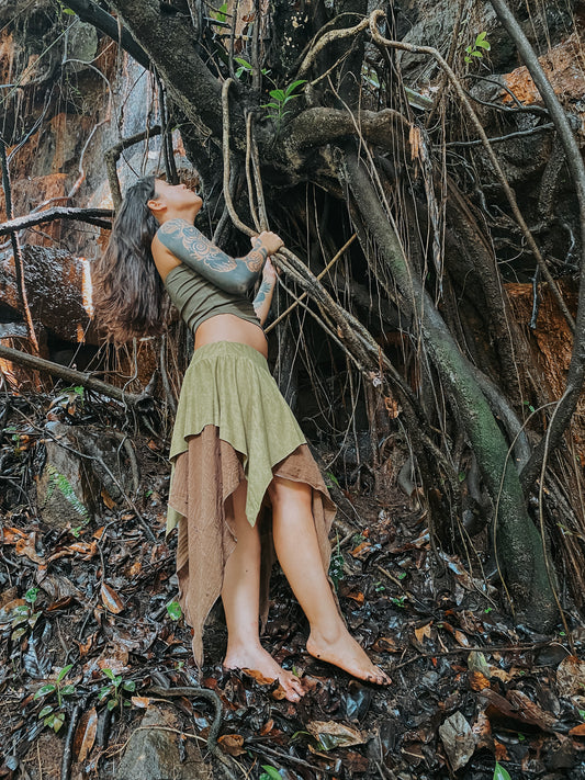 Gypsy Pointed Skirt - Dark Green with Earthy Suede