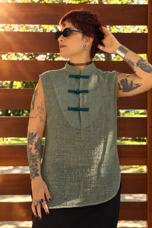 Túnica Buddha - Gaze de Algodão Verde Militar