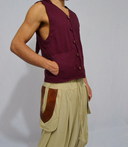 Calça Om - Bege com Bolso em Couro