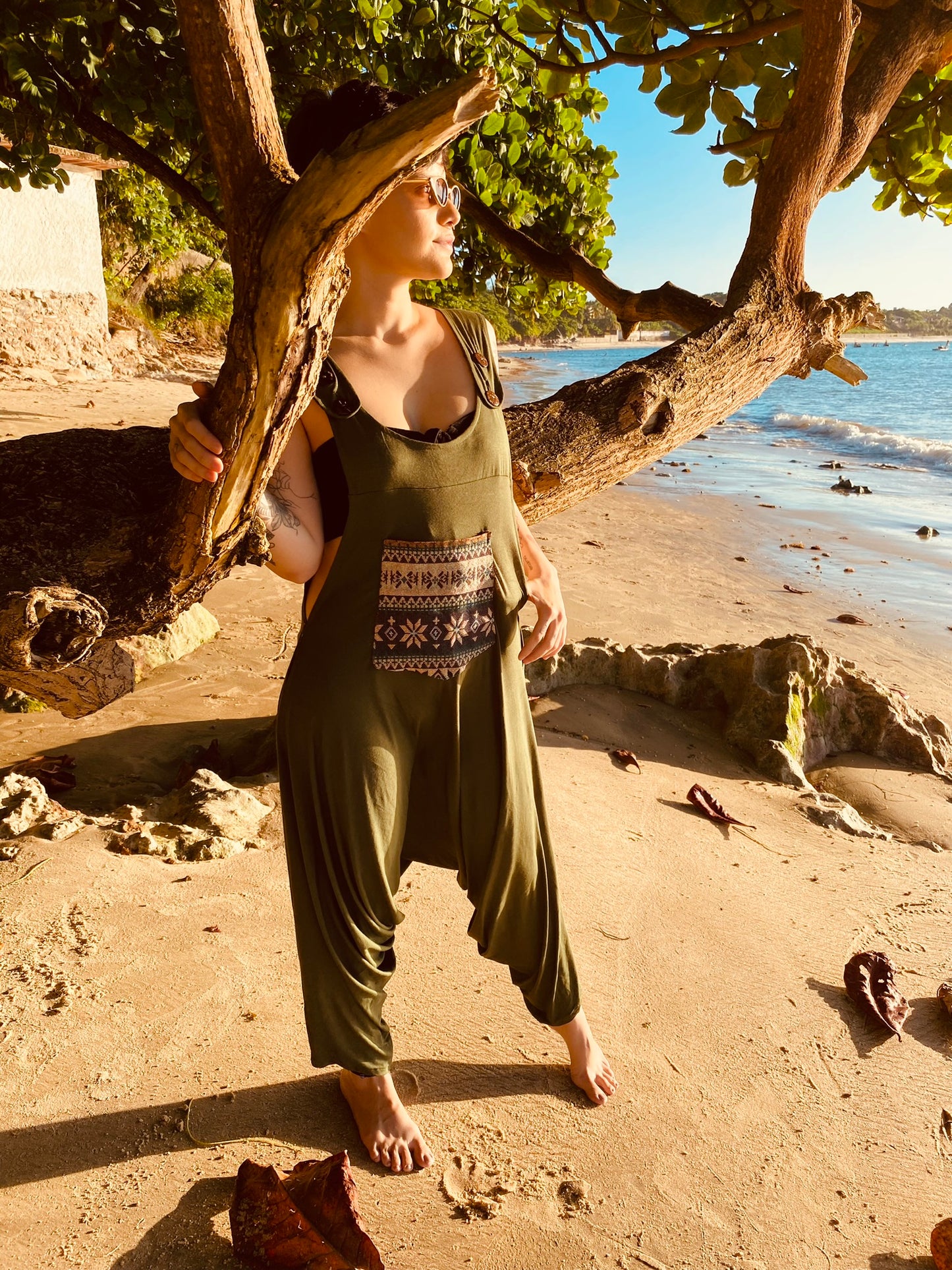 Pachamama Jumpsuit - Green with Ethnic detail 