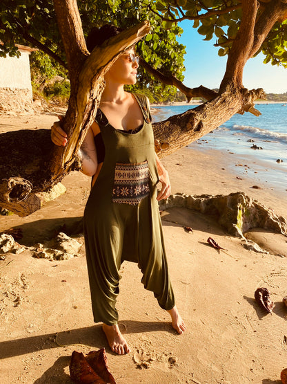 Pachamama Jumpsuit - Green with Ethnic detail 