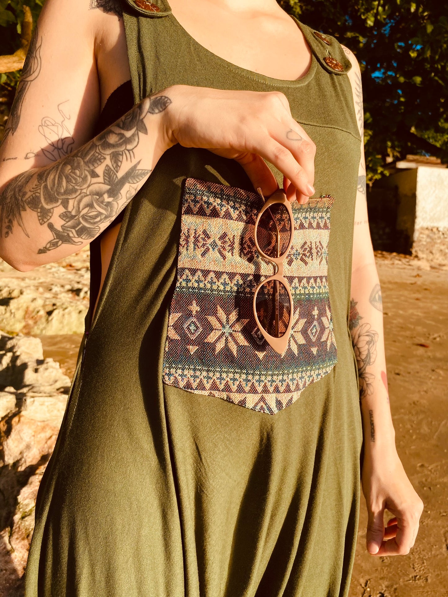 Pachamama Jumpsuit - Green with Ethnic detail 