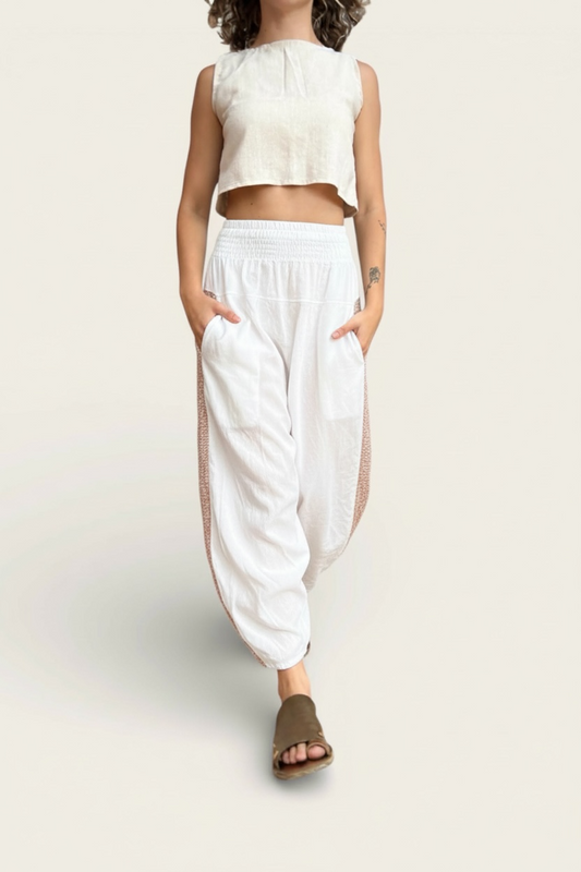 Calça Samurai Ganesha - Gaze de Algodão Branca