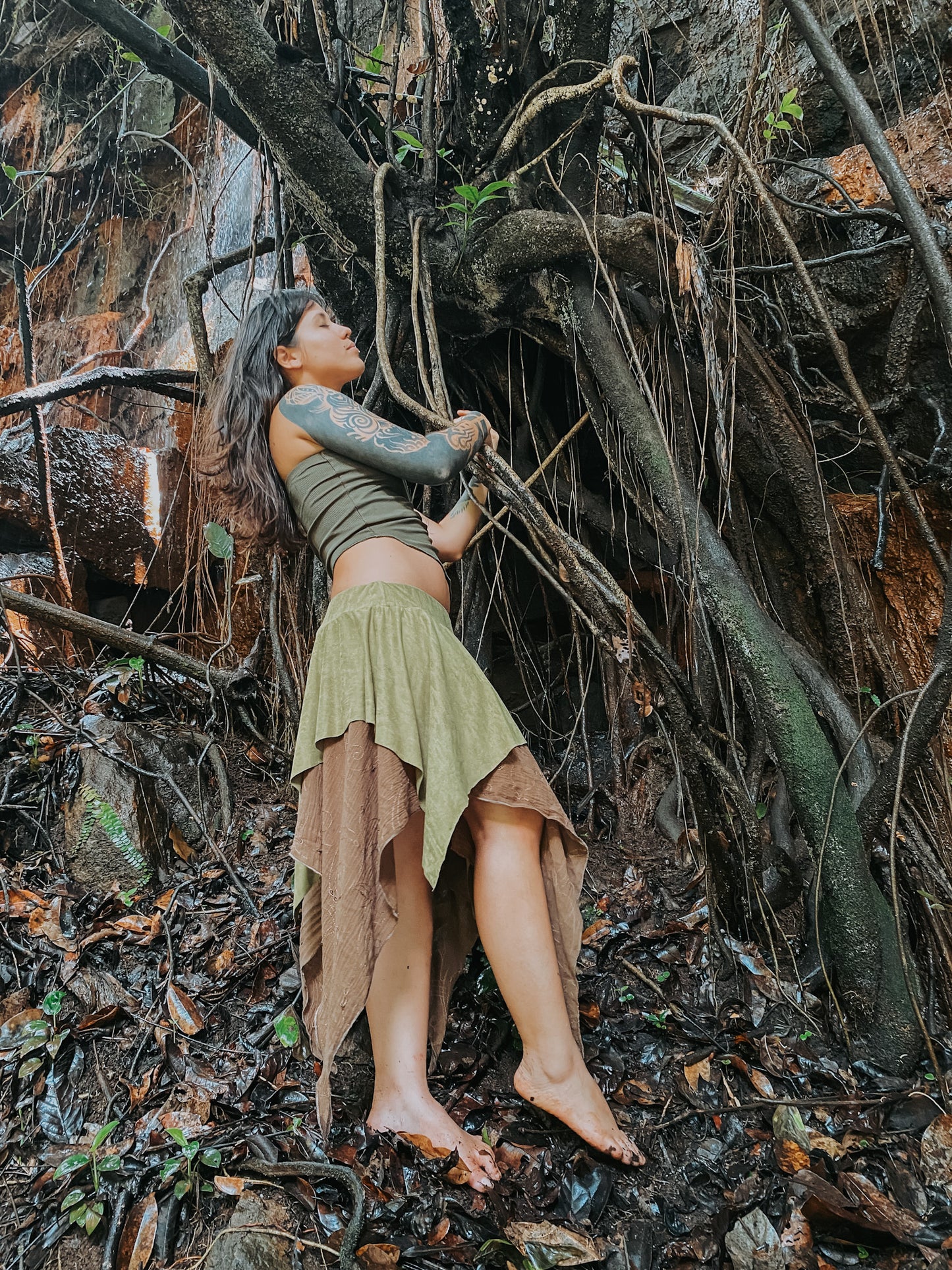 Gypsy Pointed Skirt - Dark Green with Earthy Suede