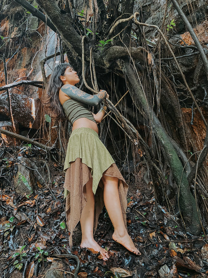 Gypsy Pointed Skirt - Dark Green with Earthy Suede