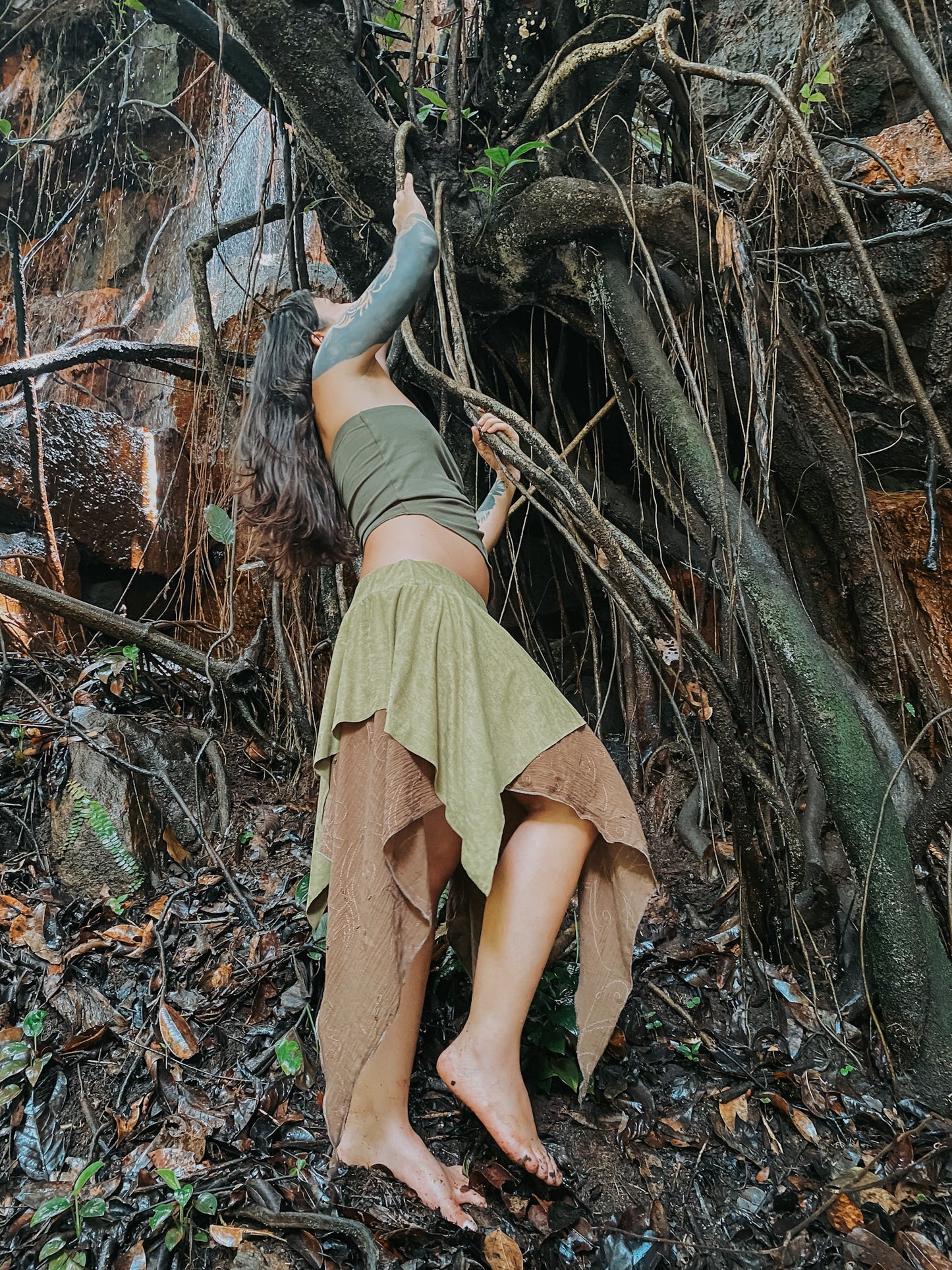 Gypsy Pointed Skirt - Dark Green with Earthy Suede