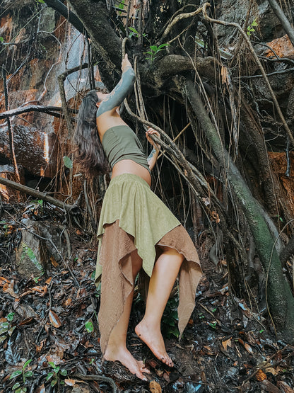 Gypsy Pointed Skirt - Dark Green with Earthy Suede