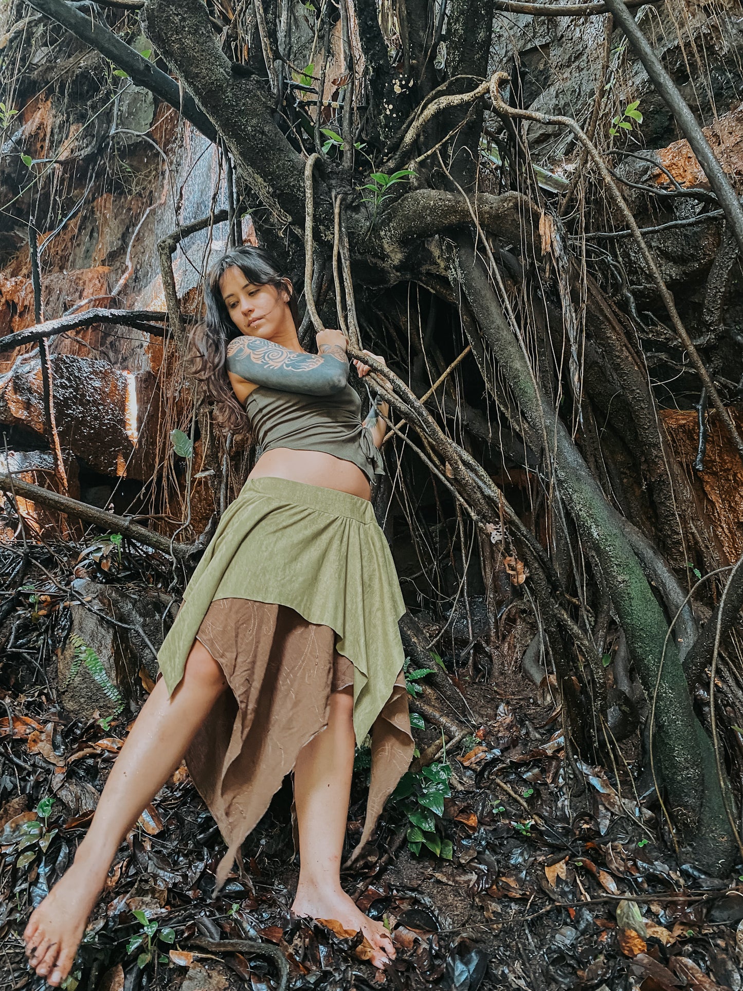 Gypsy Pointed Skirt - Dark Green with Earthy Suede