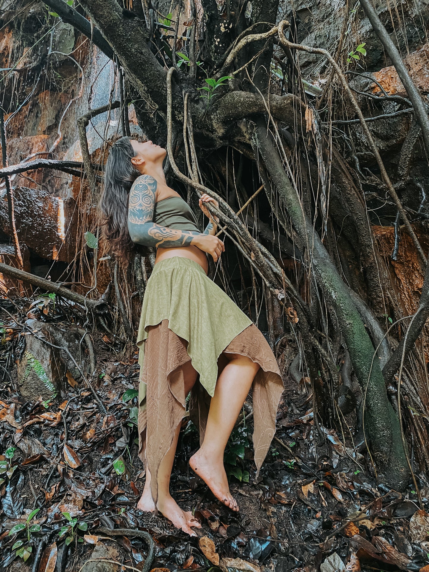 Gypsy Pointed Skirt - Dark Green with Earthy Suede