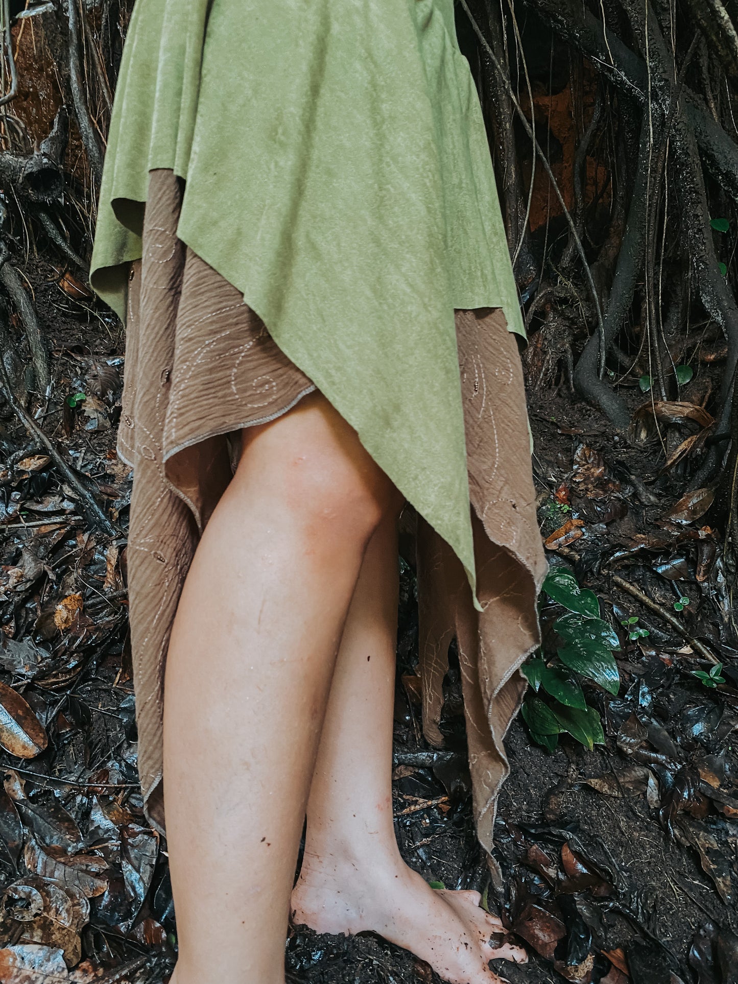 Gypsy Pointed Skirt - Dark Green with Earthy Suede