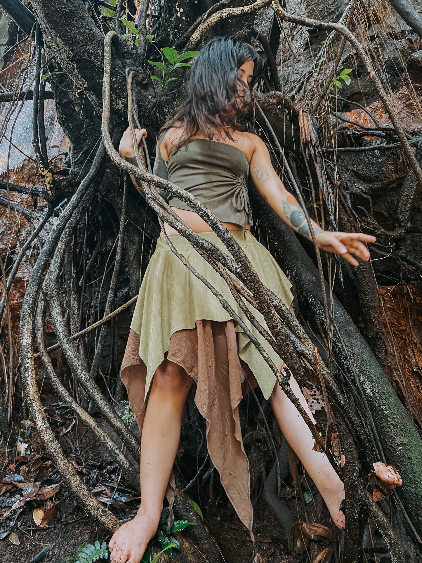 Gypsy Pointed Skirt - Dark Green with Earthy Suede