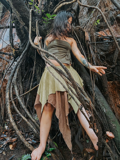 Gypsy Pointed Skirt - Dark Green with Earthy Suede