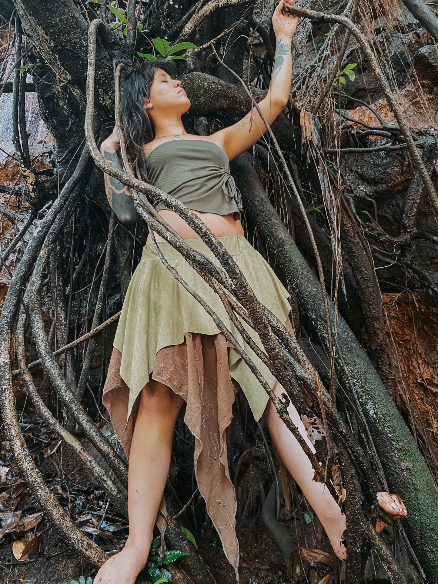 Gypsy Pointed Skirt - Dark Green with Earthy Suede