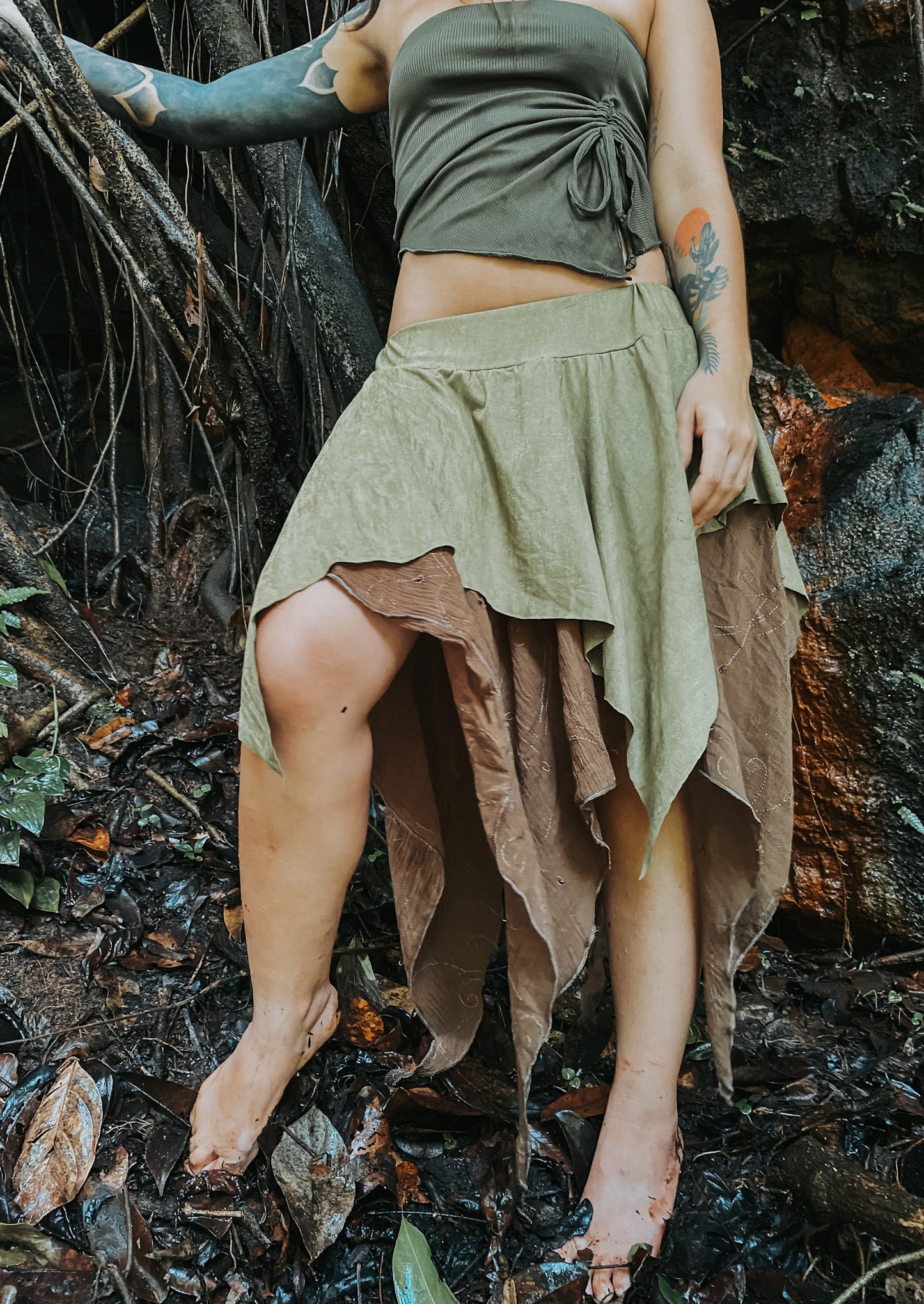 Gypsy Pointed Skirt - Dark Green with Earthy Suede
