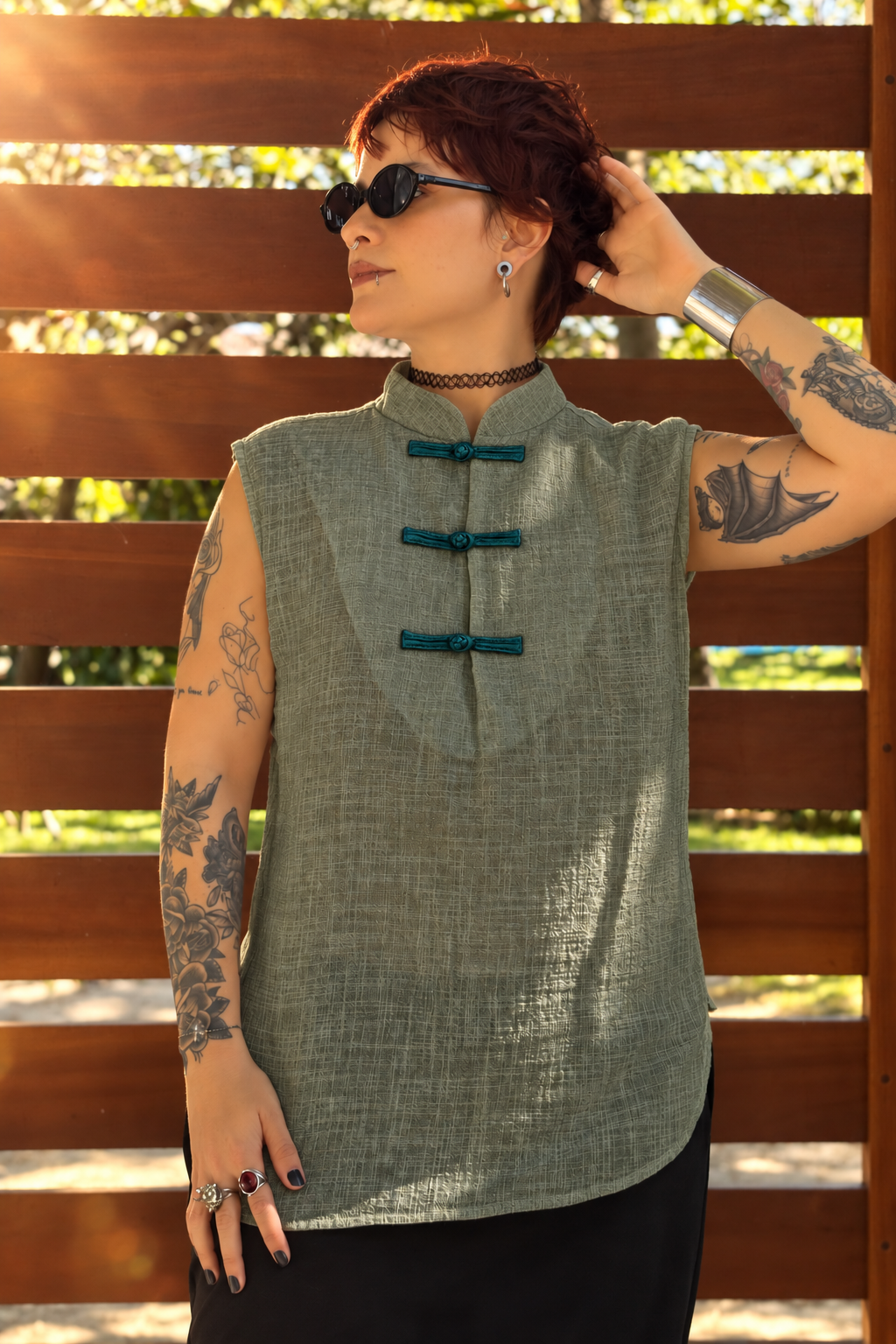 Túnica Buddha - Gaze de Algodão Verde Militar