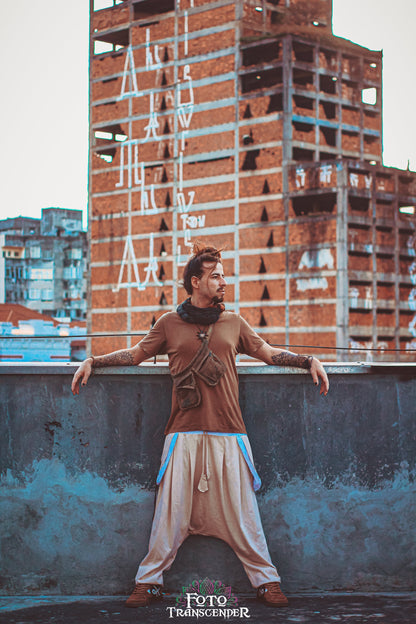 Goa Nomads beige linen blend pants with drawstring waist and rustic finish. Comfortable, durable, and stylish.