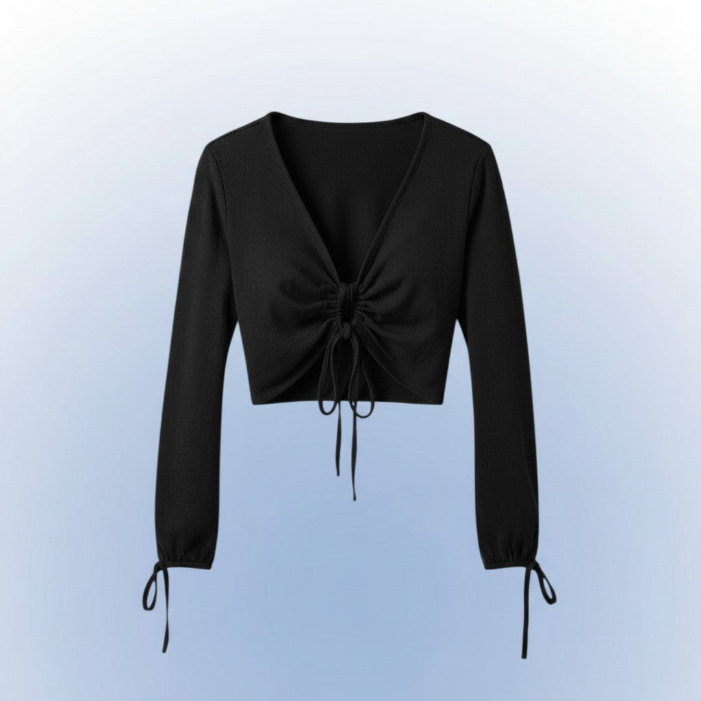 Blusa cropped preta Goa Nomads de algodão com mangas longas e amarração frontal ajustável.