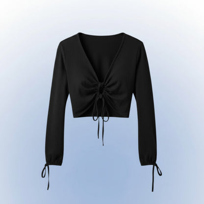 Blusa cropped preta Goa Nomads de algodão com mangas longas e amarração frontal ajustável.