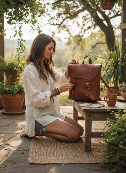 Goa Nomads rustic brown organic goat leather backpack with buckle closures and stitched details.