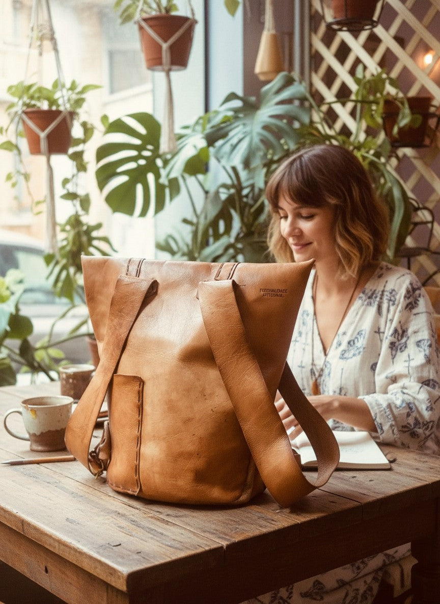 Goa Nomads rustic brown organic goat leather backpack with adjustable straps and front pocket.