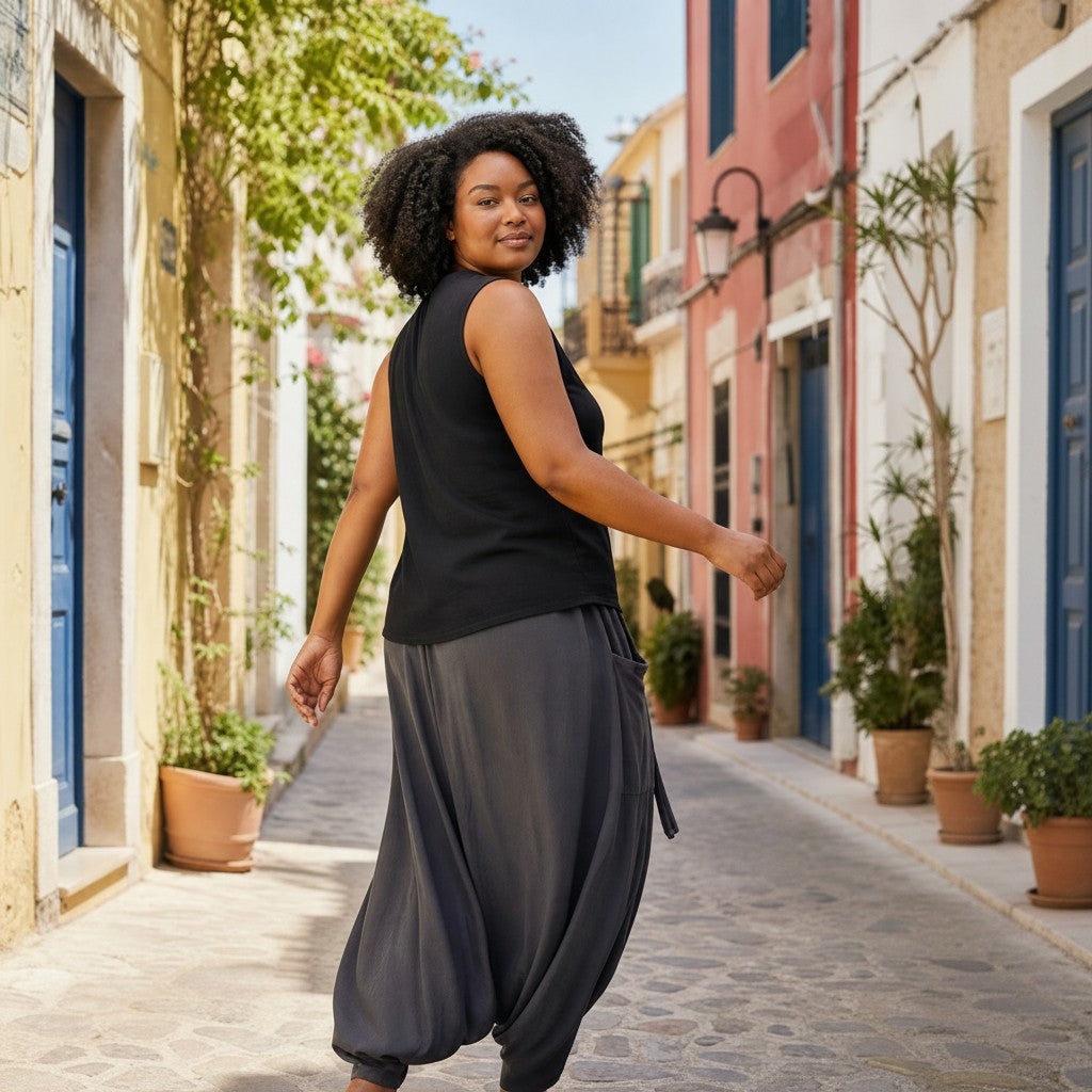 Calça Goa Chumbo em algodão penteado da Goa Nomads, com bolso lateral e cordão na cintura. Modelo plus size em passeio.