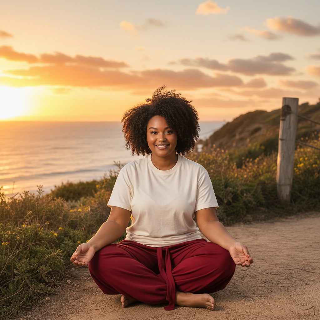 Calça Goa Nomads vinho em algodão penteado, com bolso lateral e cordão na cintura, usada por mulher ao pôr do sol.