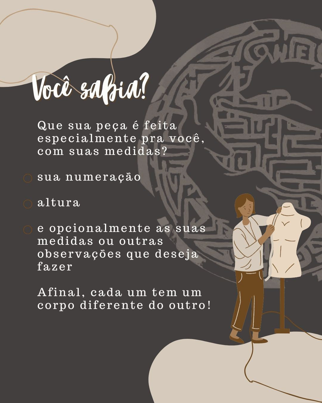 Goa Nomads: Ilustração de alfaiate medindo manequim, destacando personalização de peças com medidas.