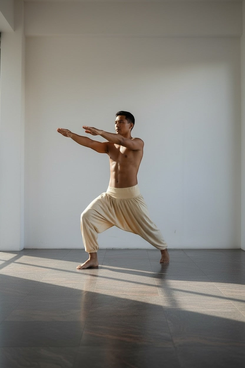 Calça Thai bege em algodão penteado da Goa Nomads, com cintura alta e modelagem solta, ideal para yoga e meditação.