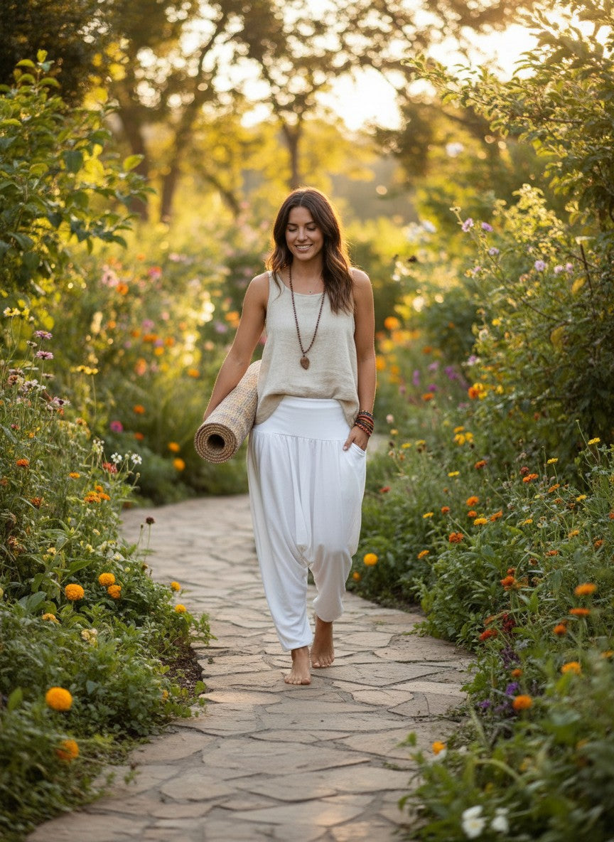 Calça Thai branca Goa Nomads em algodão penteado, com cintura alta e modelagem solta, ideal para yoga e dia a dia.