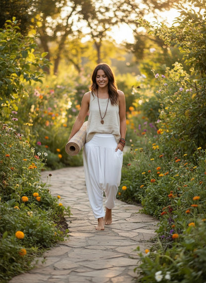 Calça Thai branca Goa Nomads em algodão penteado, com cintura alta e modelagem solta, ideal para yoga e dia a dia.