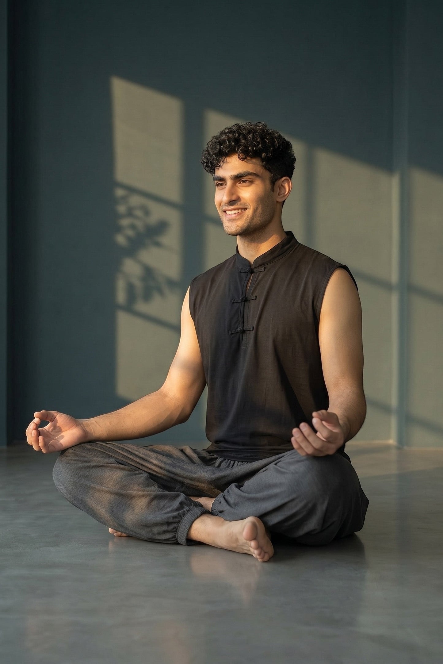 Calça Thai chumbo em algodão penteado, com elástico na cintura e punho, ideal para yoga e meditação. Goa Nomads.