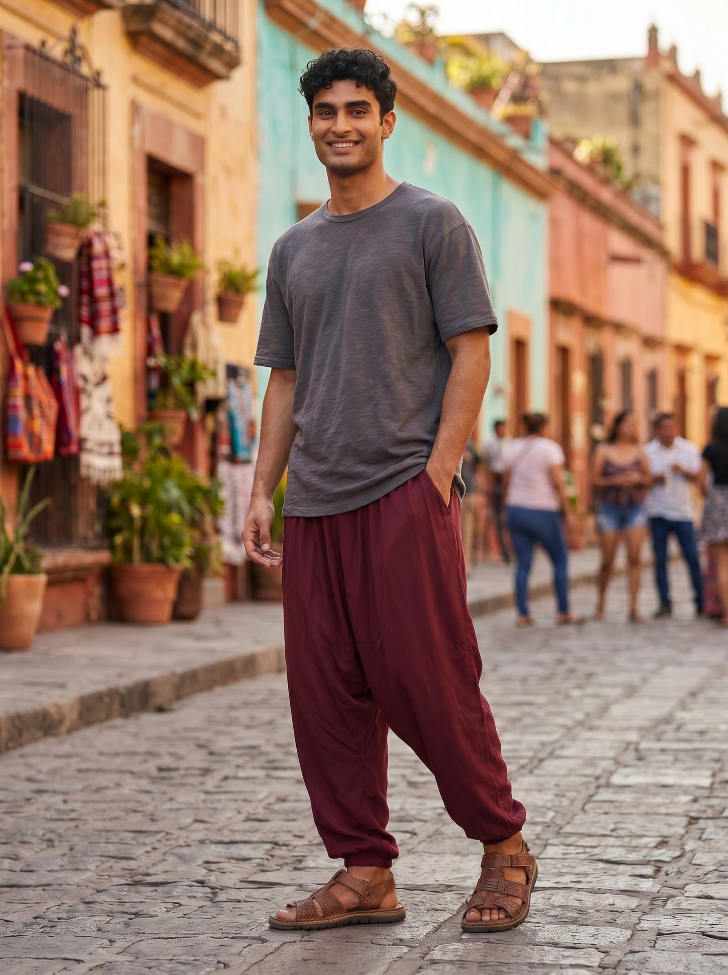 Calça Thai vinho de algodão Goa Nomads, com cintura alta e modelagem solta, ideal para yoga e dia a dia.