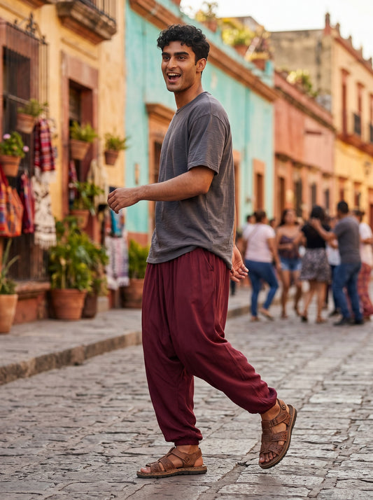 Calça Thai vinho em algodão penteado da Goa Nomads, com cintura alta e modelagem solta, ideal para yoga e dia a dia.