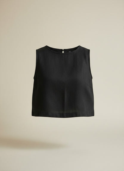 Cropped Shakti preto em linho da Goa Nomads, com decote redondo e sem mangas.