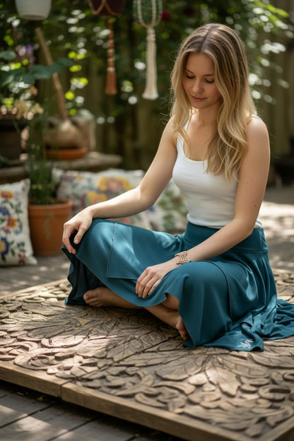 Saia cigana de pontas azul Egeu em viscose com duas camadas, da Goa Nomads.