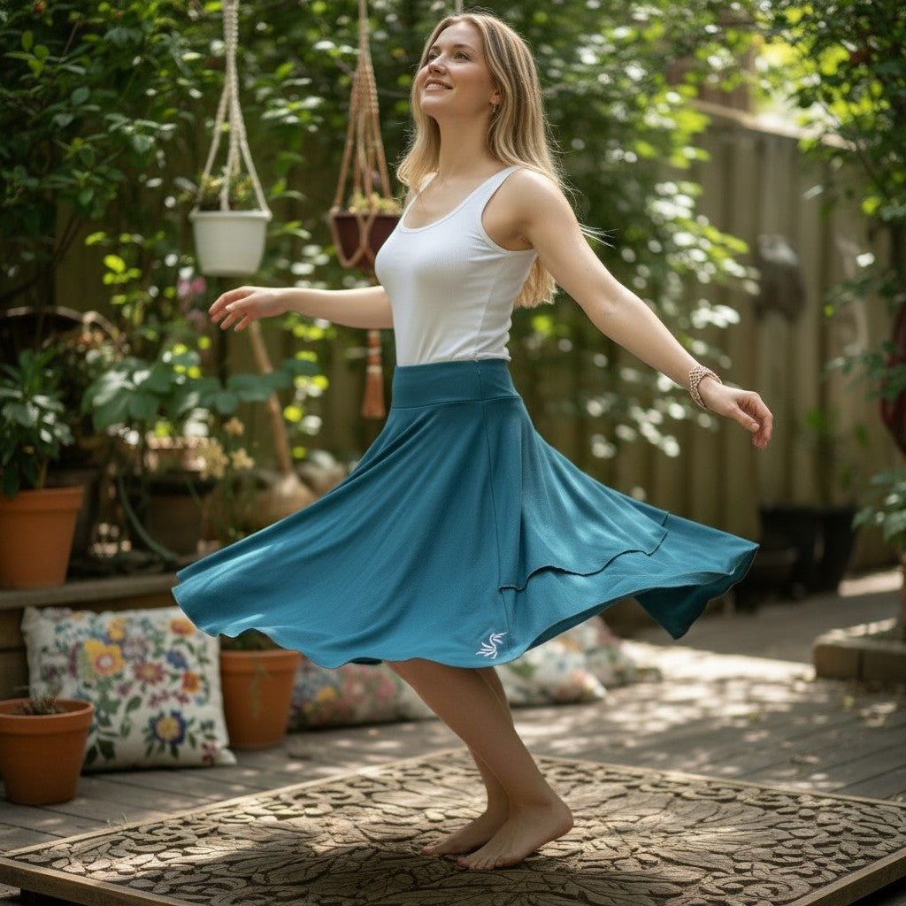 Saia cigana de pontas Goa Nomads em viscose azul Egeu, com duas camadas e caimento fluido. Modelo sentada em meditação.