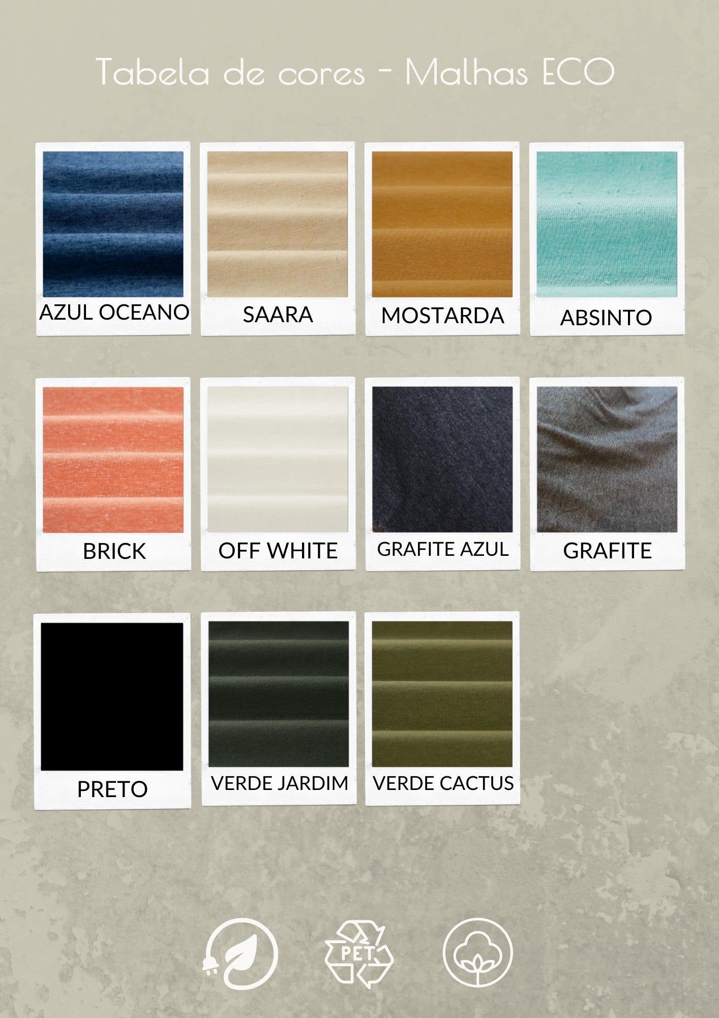 Tabela de cores de malha ecológica da Goa Nomads: azul oceano, saara, mostarda, absinto, brick, off white, grafite azul, grafite, preto, verde jardim e verde cactus.