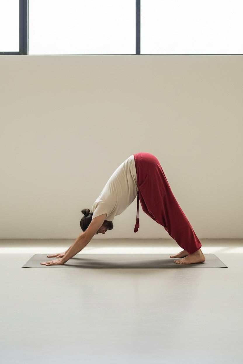 Goa Nomads men's wine-colored cotton yoga pants with drawstring waist and side pocket, designed for comfort and movement.