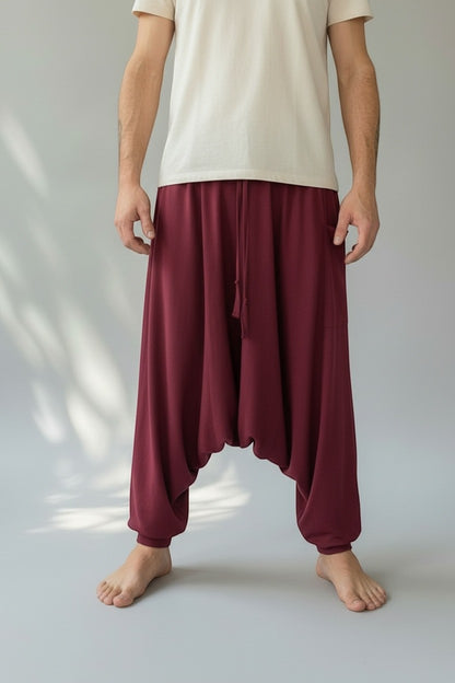 Goa Nomads wine red cotton blend relaxed fit harem pants with drawstring waist and side pocket.