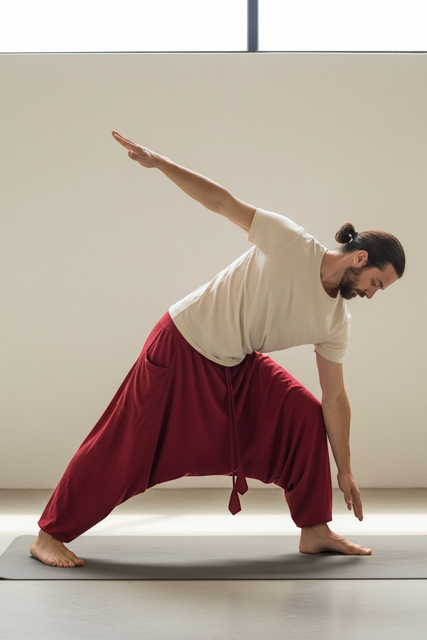 Goa Nomads men's wine red cotton yoga pants with drawstring waist and side pocket, perfect for movement.