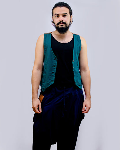 Calça Om em Malha Ecológica - Azul Marinho com Bolso em Couro