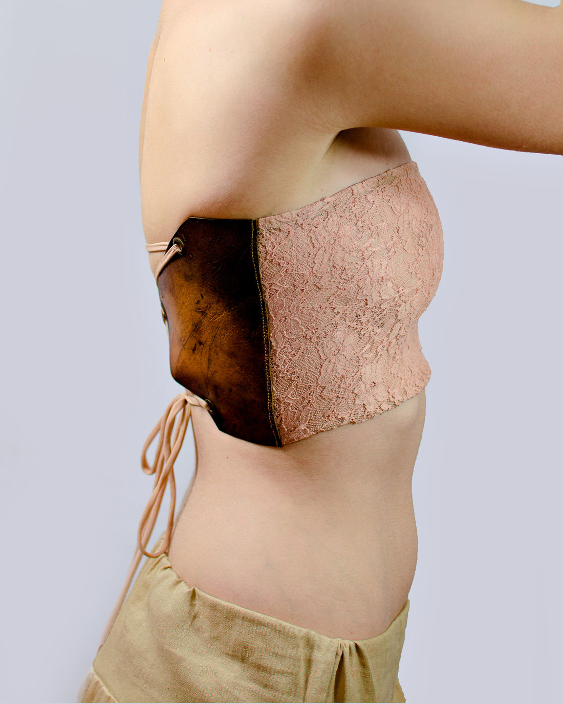 Nude Leather Top - Pink Lace