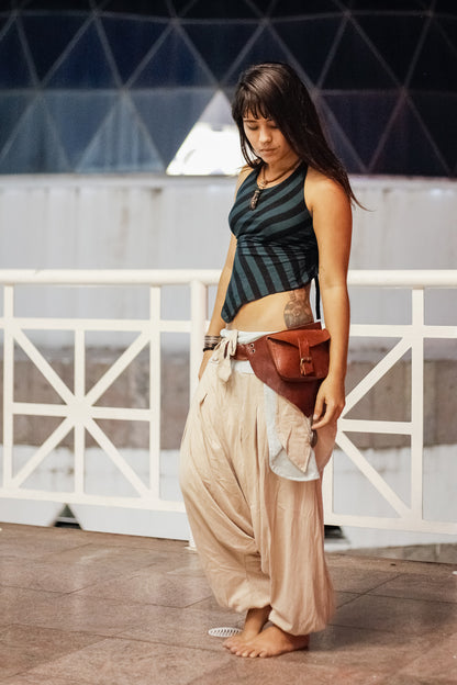 Om Trousers in Ecological Mesh - Beige with Off White Linen