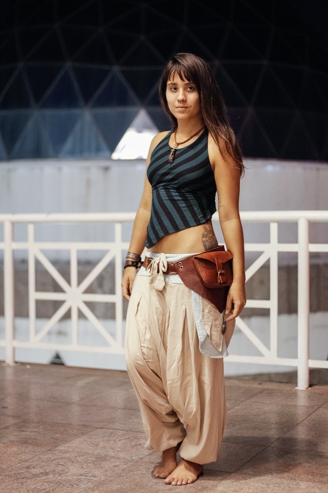 Om Trousers in Ecological Mesh - Beige with Off White Linen