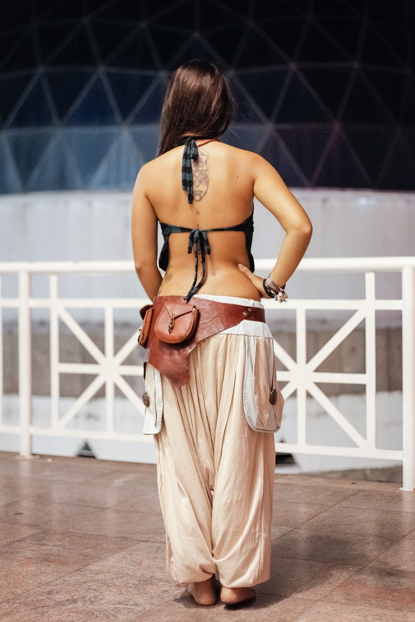 Om Trousers in Ecological Mesh - Beige with Off White Linen