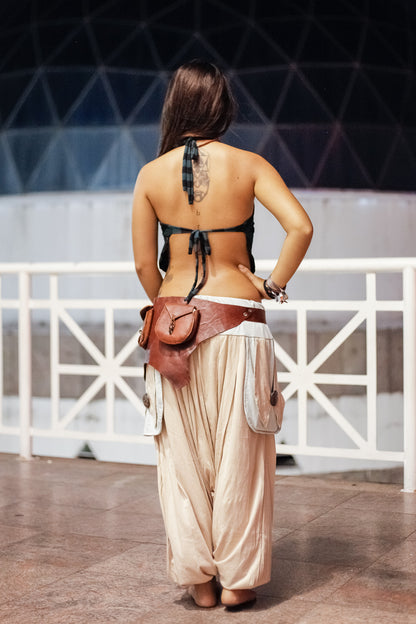 Om Trousers in Ecological Mesh - Beige with Off White Linen