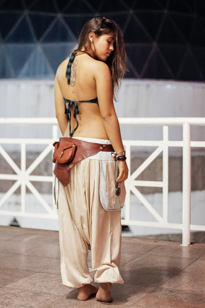 Om Trousers in Ecological Mesh - Beige with Off White Linen